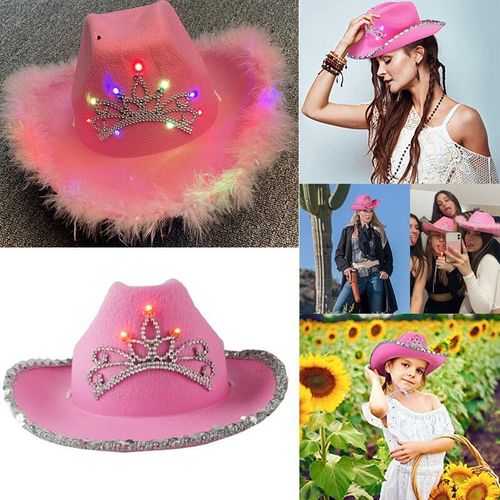 Chapeau De Cowboy Rose Avec Couronne Scintillante Pour Femmes Et Filles, Casquette De Cowboy, Costume De Fête Avec Col En Feutre À Cordon De Serrage