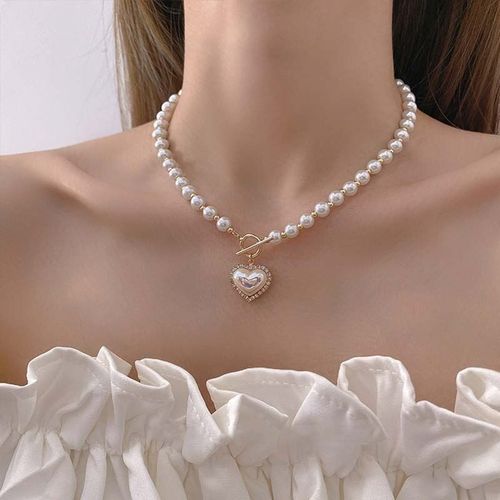 Collier De Perles Pour Femmes, Strass, Coquillage, C¿Ur, Pendentif, À La Mode, Bijoux Coréens