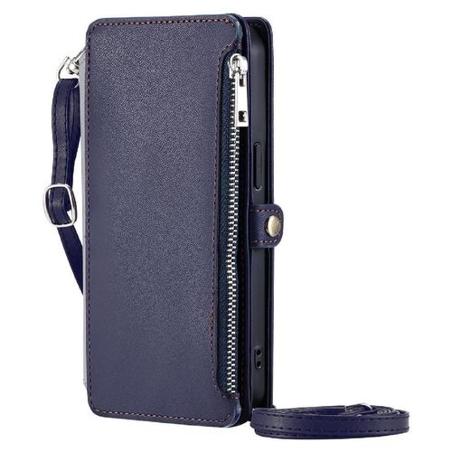 Crossbody Étui Pour Samsung Galaxy A3 2016 9 Emplacements Pour Cartes Blocage Rfid Étui Portefeuille Fente Pour Les Factures À Fermeture Éclair Longue Lanière - Bleu
