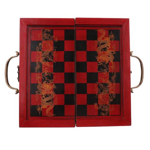 Jeu D'échecs Chinois, Guerrier Pliant En Cotta, Planche Rouge En Bois Et Résine