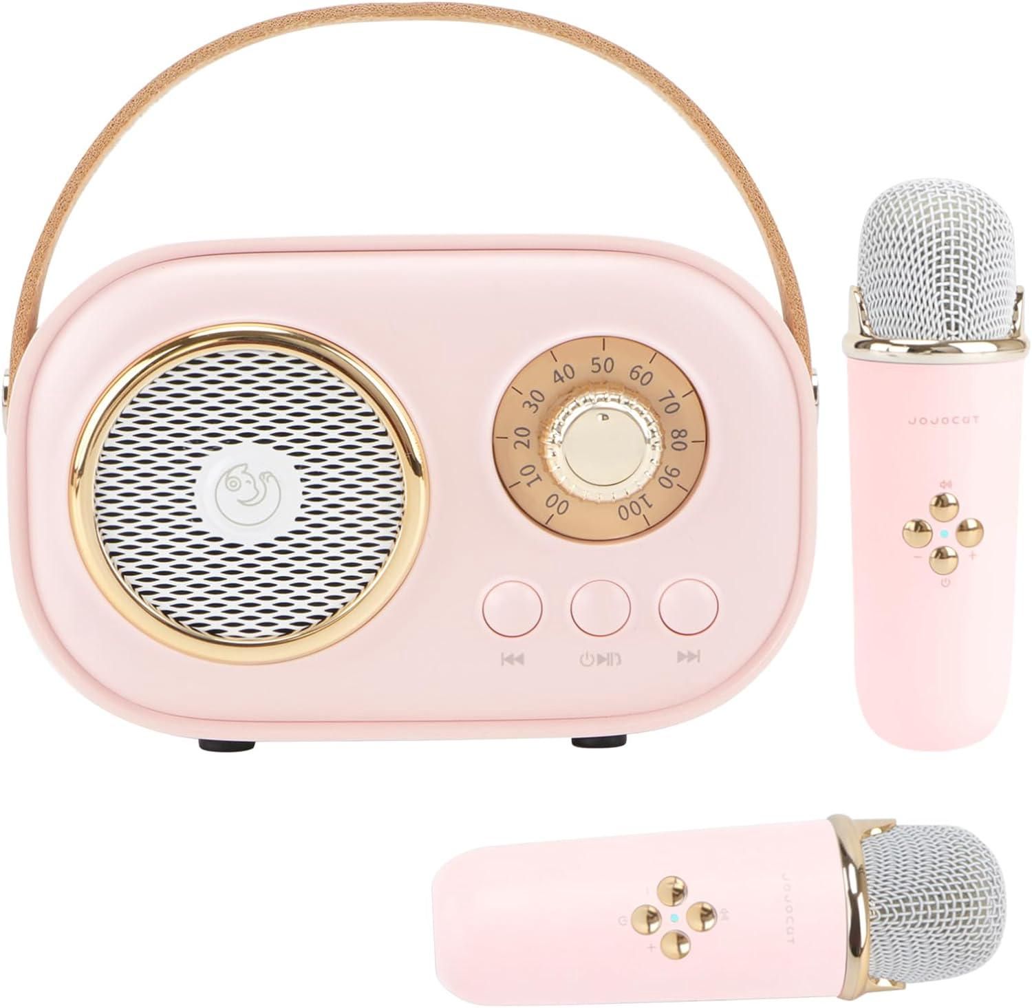 Mini machine de karaoké pour enfants, haut-parleur Bluetooth portable avec 2 microphones sans fil, jouets pour filles et garçons, ensemble de haut-parleurs rétro, son stéréo amélioré, basses pour la maison, fête d'anniversaire (rose)