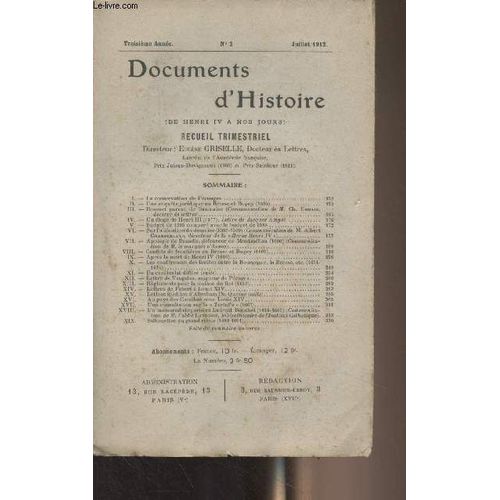 Documents D Histoire (De Henri Iv À Nos Jours) Recueil Trimestriel - 3e Année N°2 Juillet 1912 - La Conservation De Pérouges - Une Enquête Juridique En Bresse Et Bugey (1535) - Bossuet Parent De(...)