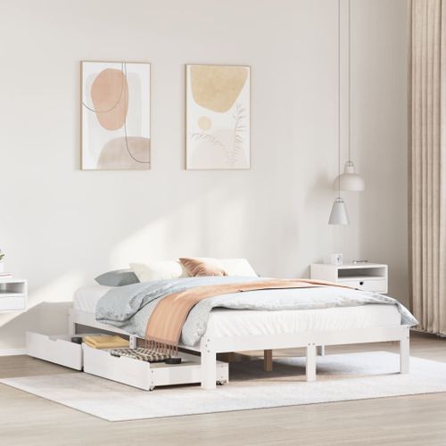 Vidaxl Cadre De Lit Avec Tiroirs Blanc 150x200 Cm Bois De Pin Massif