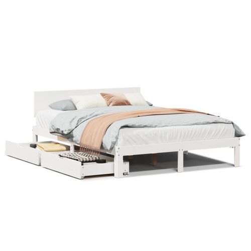 Vidaxl Cadre De Lit Avec Tiroirs Blanc 140x190 Cm Bois De Pin Massif
