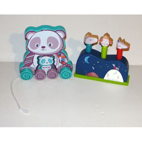Jeu D Eveil Pop Up En Bois Zig Et Zap Moulin Roty +Okoia Panda Et Son Bébé À Roulettes Jouet À Tirer Bois Wooden Toy Baby