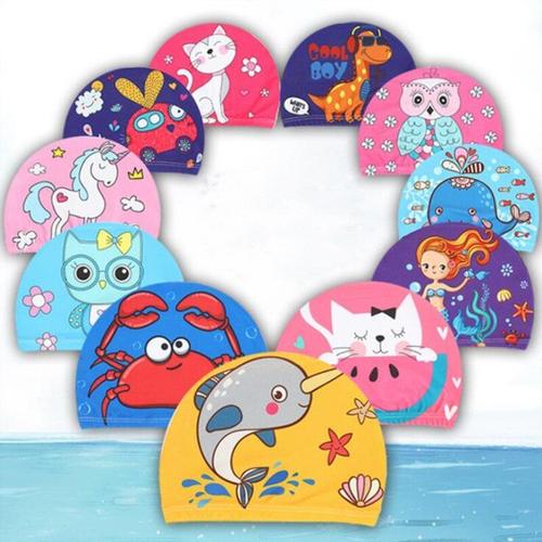 Bonnets De Natation En Tissu Élastique Imprimé De Dessin Animé Pour Enfants, Protection Des Oreilles, Chapeau De Piscine Pour Garçons Et Filles, Nouvelle Collection