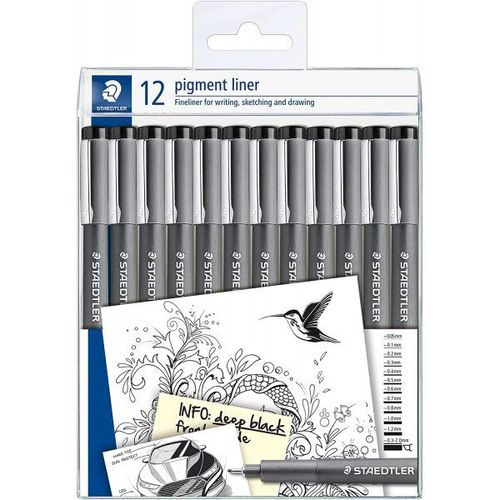 Pochette De 12 Feutres Fins - Noir - Assortiments De Pointes - Pigment Liner - Staedtler