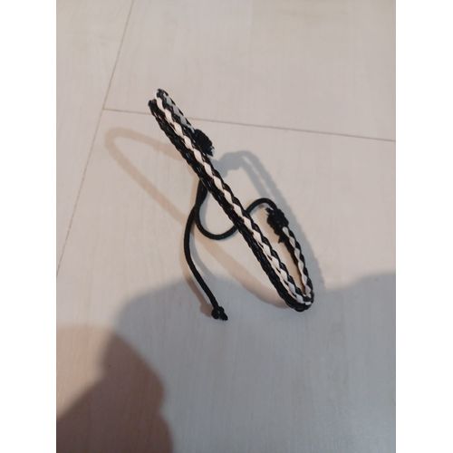 Bracelet Reglable Cuir Tresse Noir Et Blanc