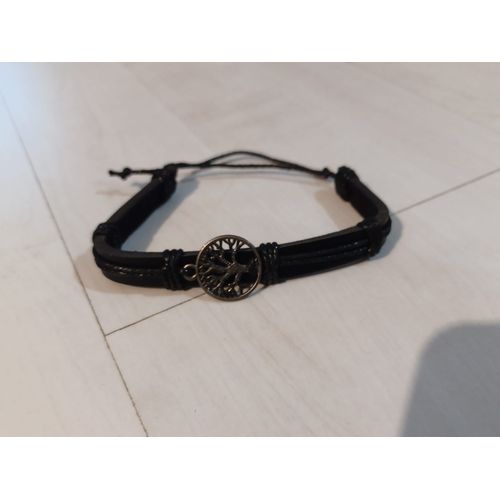 Bracelet Reglable En Cuir Noir Arbre De Vie