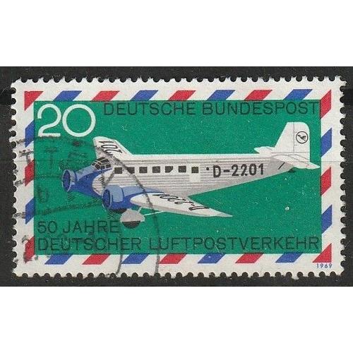 Timbre Oblitéré Allemagne Deutsche Bundespost, 50 Ans Du Trafic Postal Aérien (Junkers Ju 52/3mce D-2201) 1969 N° Pa1