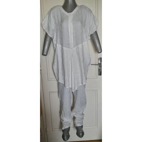 Combi Tunique Pantalon Blanc Uni Motifs Cachemire Broderie Ajourée Lin Coton Femme Taille 48