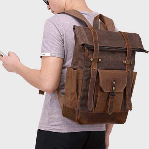 Sac à dos en toile & cuir ciré imperméable