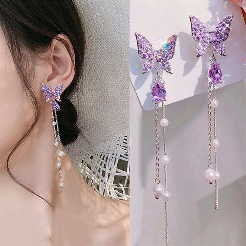 Boucles D'oreilles Papillon Brillantes En Strass Pour Femmes, Longue, Élégante, Perle, Chaîne, Pendentif, Bijoux De Fête
