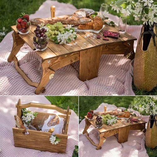 Table Pliante En Bois Portable En Plein Air Plage Camping Jardin Meubles Pique-Nique Bureau Thé Vin Verre Support Panier De Rangement