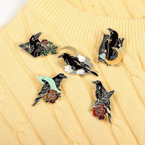 Épingle Gothique En Émail Pour Femmes, Badge Oiseau Noir, Fleur Rose, Broche En Denim, Vestes, Sac, Épingle À Revers, Bijoux Cadeau Pour Femmes