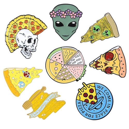 L'heure Du Déjeuner! Épingles En Émail Rose Crâne De Pizza, Avec Couronne De Fleur, Épingle À Revers Rigide, Badges De Dessin Animé, Broches De Fruits, Bijoux En Denim, Cadeau