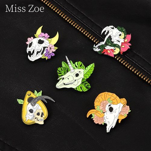 Broche Tibétaine En Forme De Corne De Chèvre Pour Femmes, Épingles À Fleurs, Feuilles Vertes, En Émail, Crâne, Antilope, Petits Badges, Vêtements, Bijoux