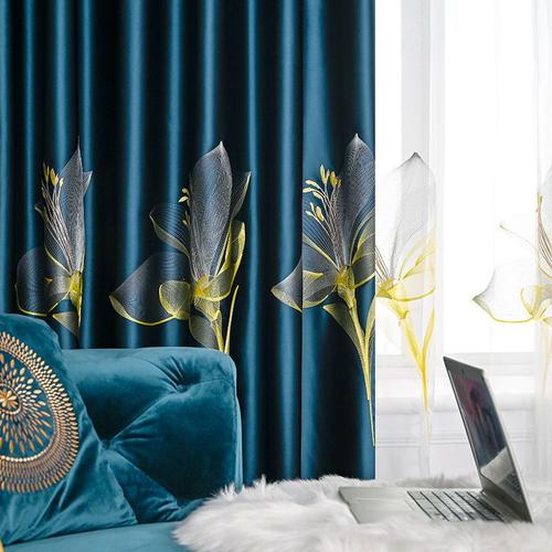 Tissu Bleu 1 Pc W130 X H260cm Pull Plissé Tape Rideaux Occultants En Satin De Luxe, Draperie En Tulle Brodé De Fleurs De Lys, Pour Chambre À Coucher Ou Salon, Traitement Pour Fenêtre Anti Lumière