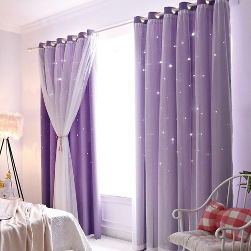 Haut À ¿Illets Macaron Violet L150 X H270 Cm Rideaux Occultants Double Couche En Étoile Creuse, Pour Chambre À Coucher, Pour Filles, Transparents Pour Salon, Traitements De Fenêtre