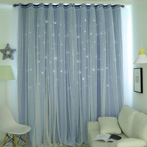 Bleu Ciel W200xl250cm 1pcs Crocher Rideaux Occultants Colorés À Double Couche Avec Étoiles, Pour Fenêtre De Chambre D'enfants Pour Salon Et Chambre De Fille