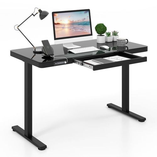 Bureau Électrique Assis-Debout 120x60x73-118cm Costway Tiroir, Hauteur Réglable, Plateau En Verre Trempé, Prises Usb Type-C, Noir