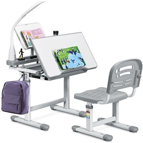 Costway Ensemble Bureau Et Chaise Avec Lampe Enfants Inclinable 0-40° Hateur Réglable Et Table À Dessin Avec 1 Tiroir Gris