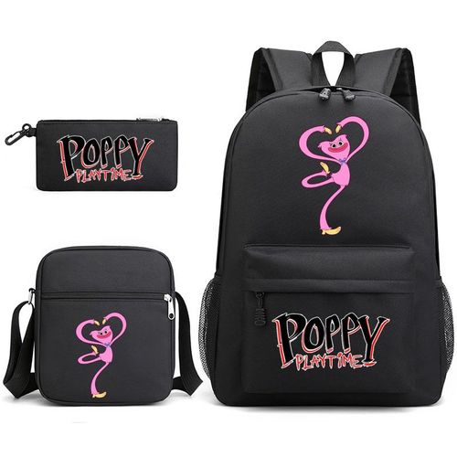 Sac en toile coquelicot Playtime Huggy Wuggy trois pièces (sac à dos, trousse et besace), sac à dos garçon et fille, sac à dos motif dessin animé coquelicot Playtime Huggy Wuggy