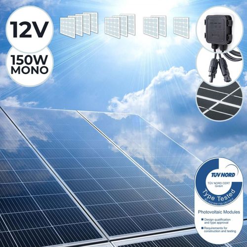 Panneau Solaire Monocristallin - Photovoltaïque, Silicium, 150 W, Câble avec Connecteur MC4, Batterie de 12V - Module Solaire pour Camping-Car, Caravane, Bateau, Yacht, Jardin