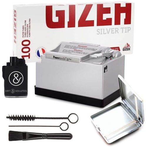 Pack Complet Tubeuse Électrique Powermatic 2+ Avec Machine À Tuber Silver Deluxe + Tubes À Cigarettes + Etui + Briquet