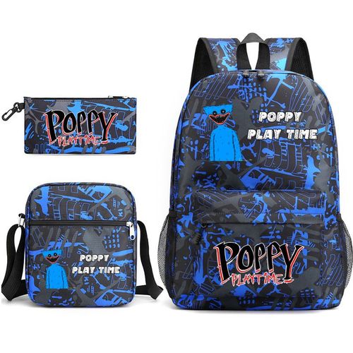 Sac en toile coquelicot Playtime Huggy Wuggy trois pièces (sac à dos, trousse et besace), sac à dos garçon et fille, sac à dos motif dessin animé coquelicot Playtime Huggy Wuggy