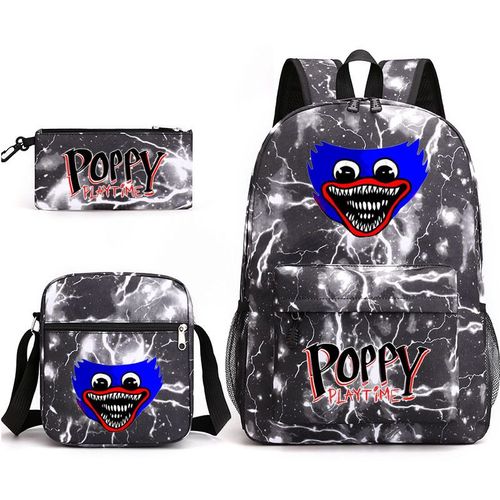 Sac en toile coquelicot Playtime Huggy Wuggy trois pièces (sac à dos, trousse et besace), sac à dos garçon et fille, sac à dos motif dessin animé coquelicot Playtime Huggy Wuggy