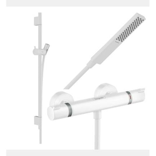 Hansgrohe - Pack mitigeur douche thermostatique Ecostat Comfort + Barre Unica S Puro + flexible + Pommeau Pulsify E blanc mat - Blanc
