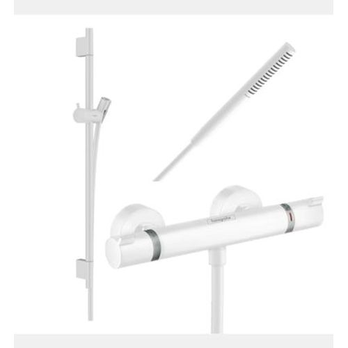 Hansgrohe - Pack mitigeur douche thermostatique Ecostat Comfort + Barre Unica S Puro + flexible + Pommeau Pulsify S blanc mat - Blanc