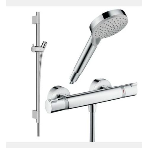 Hansgrohe - Pack mitigeur douche thermostatique Ecostat Comfort + Barre Unica S Puro + flexible + Pommeau Vernis Blend Vario chromé - Rose