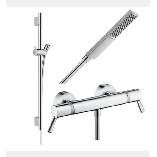 Hansgrohe - Pack mitigeur douche thermostatique Ecostat Comfort Care + Barre Unica S Puro + flexible + Pommeau Pulsify E chromé - Rose