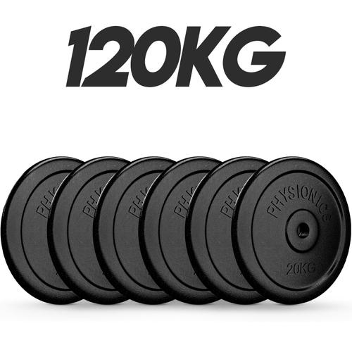 Physionics® Set De Disques De Poids - 6x20 Kg, En Fonte, Diamètre De Trou Ø 30 Mm, Pour Barre D'haltères Longue/Courte - Ensemble De Plaques De Poids, Fitness, Musculation