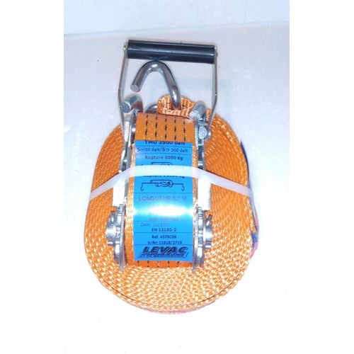 SANGLE D'ARRIMAGE EXTÉRIEUR - LARGEUR 50MM - TMU 2500KG - Boucle à rochet + 2 crochets bord de rive - Reference : 4570C09