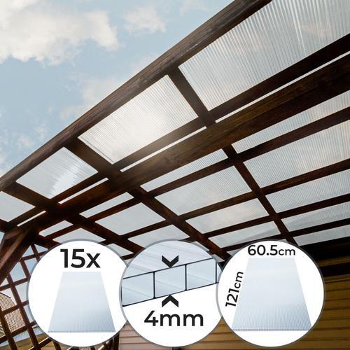 Jago® Lot de 15 Plaques en Polycarbonate - à Double Paroi, Épaisseur 4mm, 121x60.5cm, 11m², Résistant aux UV, Transparent - Feuilles