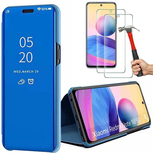 Lot De 2 Verres Trempes+ Coque Pour Redmi Note 10 5g (6.5'') Bleu Anti-Choc Integrale Protection 360 Degre Effet Miroir Reflex Miroir