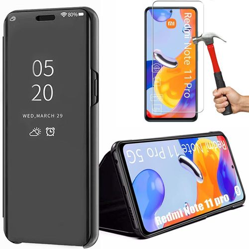 Pack 2 Verres Trempes+ Coque Pour Redmi Note 11 Pro (6'') Noir Integrale Effet Miroir Elegante Anti-Rayure Protection 360 Degre