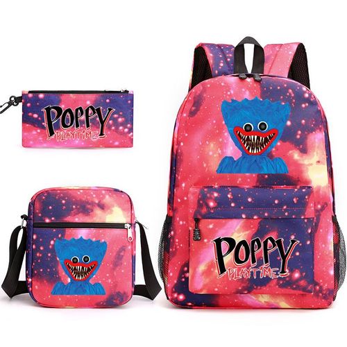 Sac en toile coquelicot Playtime Huggy Wuggy trois pièces (sac à dos, trousse et besace), sac à dos garçon et fille, sac à dos motif dessin animé coquelicot Playtime Huggy Wuggy