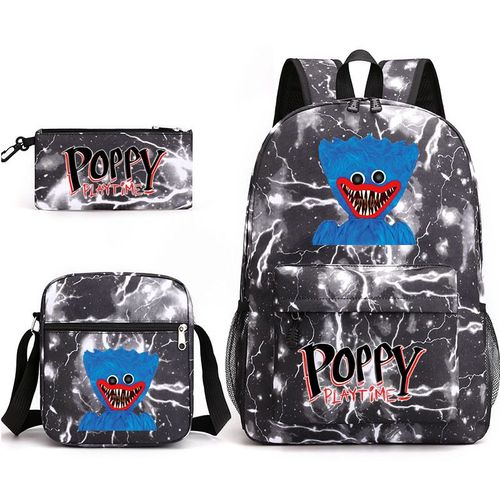 Sac en toile coquelicot Playtime Huggy Wuggy trois pièces (sac à dos, trousse et besace), sac à dos garçon et fille, sac à dos motif dessin animé coquelicot Playtime Huggy Wuggy