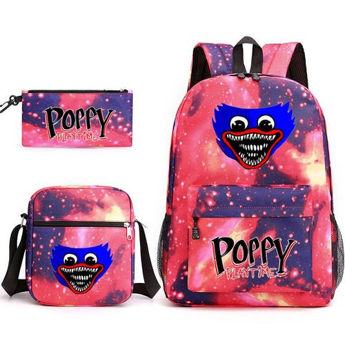 Sac en toile coquelicot Playtime Huggy Wuggy trois pièces (sac à dos, trousse et besace), sac à dos garçon et fille, sac à dos motif dessin animé coquelicot Playtime Huggy Wuggy