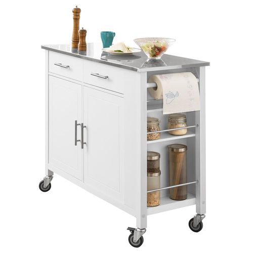 Sobuy Fkw108-W Desserte Roulante Chariot De Cuisine Meuble De Rangement À Roulettes Buffet Multifonctionnel Avec Etagère Latérale, Portes Et Tiroirs Plateau En Acier Inox