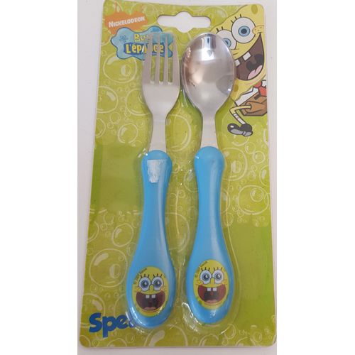 Cadeau Naissance / Puericulture / Repas 1er Age / Cuillere + Fourchette Metal / Bob L Eponge / Neuf