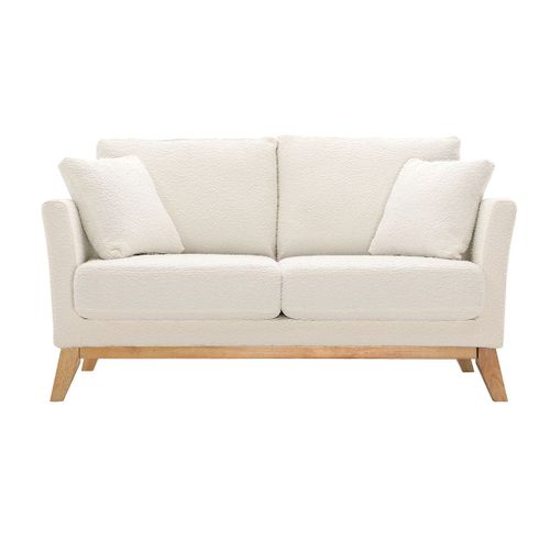 Canapé Scandinave 2 Places Déhoussable Blanc Effet Laine Bouclée Et Pieds Bois Oslo