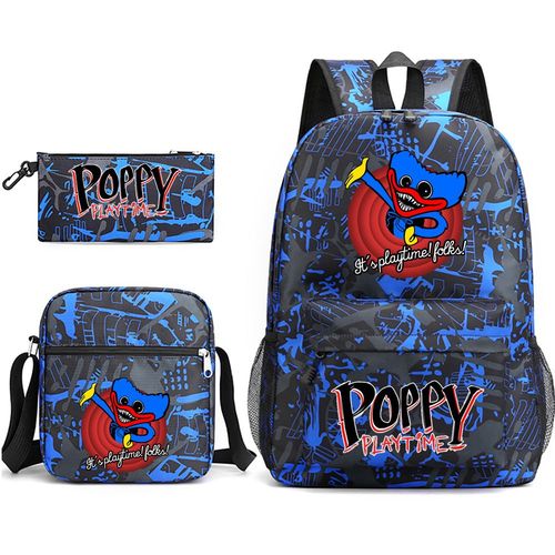 Sac en toile coquelicot Playtime Huggy Wuggy trois pièces (sac à dos, trousse et besace), sac à dos garçon et fille, sac à dos motif dessin animé coquelicot Playtime Huggy Wuggy