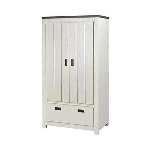 Armoire 2 Portes 1 Tiroir 98x55x180 Cm Décor Bois Blanc Et Noir