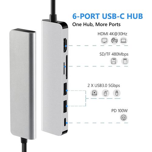 SINEHO Multiport Adaptateur USB C avec HDMI 4K 3 * Port USB 3.0 & Port USB 2.0 Lecteur de Cartes SD/TF 6 en 1 Hub USB C Compatible avec MacBook Pro/MacBook Air/Dell XPS et Plus Encore 