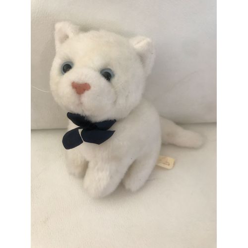 Peluche Doudou Chat Blanc Yeux Bleus Ruban Bleu Jemini 20 Cm